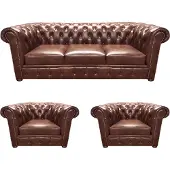AEA Braun Luxus Sofa Set 3tlg Wohnzimmer Polstermöbel Leder Sitz Chesterfield