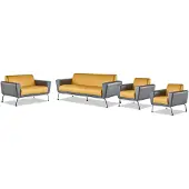 AEA Sofa-Set 3-Sitzer 2-Sitzer Sessel Gelb Grau Edelstahl Leder Holz Modern