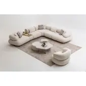AEA Beige Moderne Couchgarnitur Textilsofa Holz Couchtisch Hocker 5tlg