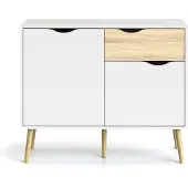 CALICOSY - Petit buffet 2 portes, 1 tiroir blanc etReproduction chêne L98,7 cm - BILLUND