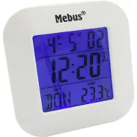 Mebus Réveil radioguidé numérique avec thermomètre, affichage de la date et éclairage, fonction snooze, Matière : plastique, Couleur : blanc, Modèle : 51511
