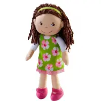 Haba Coco Poupe douce de 30,5 cm avec cheveux bruns, visage brod, robe verte amovible, bandeau assorti Lavable en machine, poupe pour tout-p