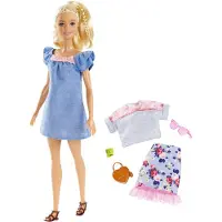 Mattel - Poupée Fashionistas et set cadeau mode, en robe bleue, avec dentelle rose