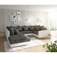 DELIFE Canapé panoramqiue Clovis blanc noir avec tabouret et accoudoirs