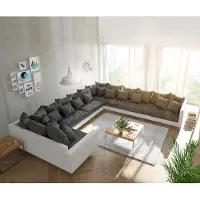 DELIFE Canapé Clovis XXL blanc noir avec accoudoir ottoman droit