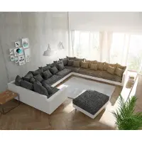 DELIFE Canapé-panoramique Clovis XXL blanc noirz avec tabouret et accoudoirs poufs droite