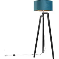 QAZQA Lampadaire trépied noir avec abat-jour bleu et or 50 cm - Puros
