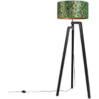 QAZQA Lampadaire trépied noir avec abat-jour motif paon 50 cm - Puros