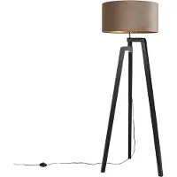 QAZQA Lampadaire trépied noir avec abat-jour taupe et or 50 cm - Puros