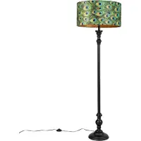 QAZQA Lampadaire noir avec abat-jour en velours paon doré 50 cm - Classico