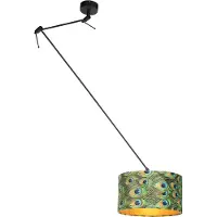 QAZQA Suspension noire avec abat-jour en velours bleu et or 35 cm - Blitz