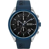 HUGO BOSS Velocity 1513717 - Montre Homme: boîtier acier 44 mm, cadran noir, bracelet silicone bleu, 5 ATM, date, quartz