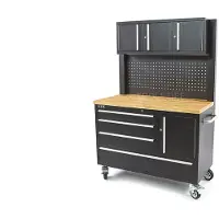 HBM établi 122 cm avec 4 tiroirs, paroi d’armoire et panneau arrière, plan de travail en bois, noir