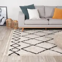 FRAAI Tapis à poils longs | Grand Diamond Weave Crème/Noir | 230x330cm | Crème | Rectangulaire | Tapis