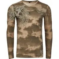 O46rn Chemise homme décontractée à manches longues et col rond, imprimé délavé, coupe ajustée, kaki 10144