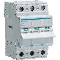 Hager SBN340. Courant nominal : 40 A. Type : B-type, quantité de modules (max) : 3 module(s). Largeur : (Résistance)