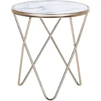 Beliani Table d'appoint Blanc Or Verre de sécurité Métal 50 x 55 cm Pieds en V Table basse Brillant Aspect Marbre Rond Moderne