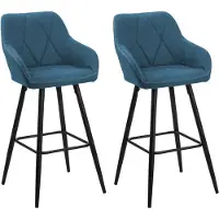 Beliani Lot de 2 tabourets de bar tissu bleu rembourré avec accoudoirs Dossier matelassé Pieds en métal noir