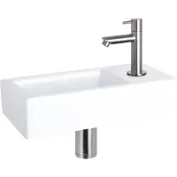 Differnz Ravo lavabo à poser 38,5x18,5x9,5 cm - lavabo salle de bain céramique blanc - avec robinet salle de bain en chrome mat - lavabo avec poignée standard pour WC invités