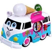 BB Junior - Voiture-jouet - Volkswagen Magic Ice Cream Bus (bleu, 20cm) Eiswagen Bulli Sound & Sprache