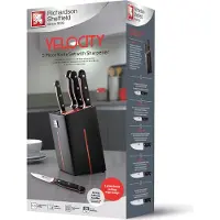 Richardson Sheffield Bloc à couteaux VELOCITY équipé 6 pièces noir/rouge, aiguiseur de couteaux intégré et set de couteaux de haute qualité, manches à triple rivets