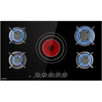 Klarstein Plaque de Cuisson Gaz et Vitrocéramique 5 Feux, Table de Cuisson à Gaz, Plaque Gaz et Vitro de 9.2 kW en Acier Inoxydable, Plaque de Cuisson Vitroceramique Encastrable, Plaque Cuisson Mixte
