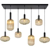 Lucide MALOTO 7xE27 40W lampe à suspension moderne noir abat-jour en verre cannelé irrégulier
