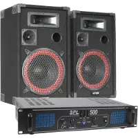 Skytec Set DJ - Set DJ 500W avec amplificateur, haut-parleurs et câble de haut-parleur. Parfait pour le DJ, Meuble DJ, Noir