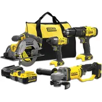 Stanley V20 Kit 4 Outils - Perceuse visseuse à percussion + Visseuse à impact + Scie circulaire + Meuleuse - 2 batteries 4Ah