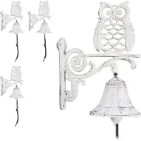 Relaxdays 4 sonnettes de porte en fonte, motif chouette, style cottage ancien, avec cordon, résistantes aux intempéries, sonnettes murales pour porte d'entrée, décoration de jardin, blanc