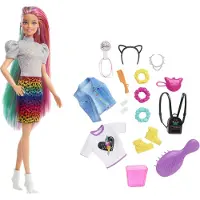 Mattel Barbie Poupée léopard aux cheveux arc-en-ciel avec effet de changement de couleur, 16 accessoires