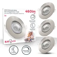 B.K.Licht lot de 3 spots à encastrer IP23 ultraplats 24mm, orientables et dimmables, Ø90mm, nickel mat, éclairage plafond encastrable, platines LED 4,9W, 480Lm, blanc chaud 3000K