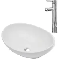 vidaXL Salle de bain lavabo avec mitigeur céramique ovale blanc