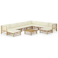 vidaXL Ensemble de salon de jardin 11 pièces avec coussins blanc crème en bambou