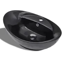 vidaXL lavabo en céramique trou de robinet/trous de trop-plein noir ovale