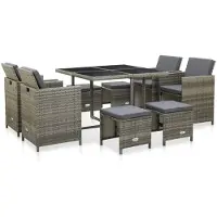 vidaXL Salon de jardin 9 pièces avec coussins Poly Rattan Gris