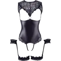 Cottelli collection Bondage - body ouvert brillant avec menottes - noir - XL
