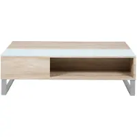 Ebuy24 Allan Table de salon avec espace de rangement, en, finition chêne avec plateau en verre blanc et une structure en métal.