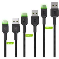 Green Cell Set 3x GC Ray USB-C Cable 30cm, 120cm, 200cm avec rétroéclairage LED vert, charge rapide UC, QC 3.0