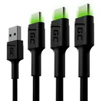 Green Cell Set 3x Ray USB-C 120cm Câble avec rétroéclairage LED vert, charge rapide Ultra Charge, QC 3.0