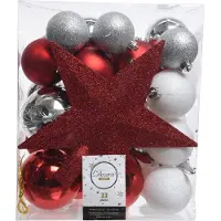 Décoris Boîte de boules de Noël 33 pièces rouge/argent/blanc