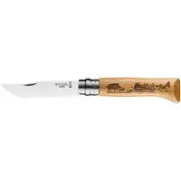 Opinel - Couteau pliable gravé - Couteau Tradition Gravé T8 Chêne Sanglier en Cuir - Beige