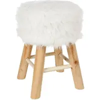 Atmosphera Tabouret Bas Blanc effet Fourrure Pieds en Bois