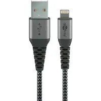 Goobay 49267 Câble Lightning USB-A textile avec connecteurs métalliques, 0,5 m, 0.5 m, noir-gris - Câble de charge et de synchronisation élégant et extra-résistant, MFi, pour Apple iPh