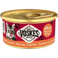 Voskes Jelly Tuna with Shrimp 12 x 85 g : 100 % de thon aux crevettes en gelée, aliment complémentaire pour chat