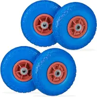Relaxdays 4 roues pour diable, pneus en caoutchouc plein anti-crevaison, 4,1/3,5-4", axe de 16 mm, charge max. 150 kg, H x P : 26 x 8,5 cm, bleu/rouge