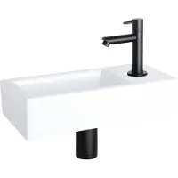 Differnz Ensemble de fontaine Helios - 37,5 x 18,5 x 9,5 cm - Rectangulaire - 1 trou pour robinet à droite - Robinet droit noir mat - Blanc