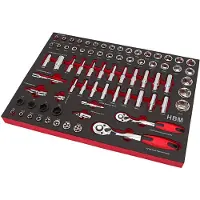 HBM Jeu de douilles 3/8, 1/2 inch professionnel de 74 pièces avec insert en mousse