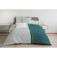 HOME LINGE PASSION | Housse de Couette - 3 Pièces | 100% Coton - 57 Fils | 2 Personnes - 240x260 cm | Rainbow Bleu-Vert Curry