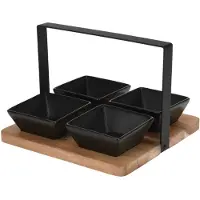 Excellent houseware Ensemble Plats Service Acacia 20x20cm + 4 Bols Grès Noir 8x8cm